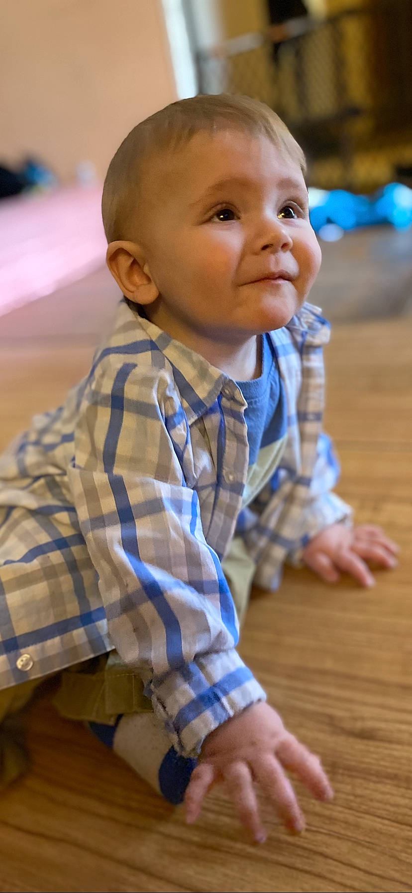 Jaxson joined the competition — help win amazing prizes! baby, baby_toddler_clothing, cheek, child, chin, finger, flooring, fun, hairstyle, happy, hardwood, iris, leisure, nose, person, sitting, skin, sleeve, smile, toddler