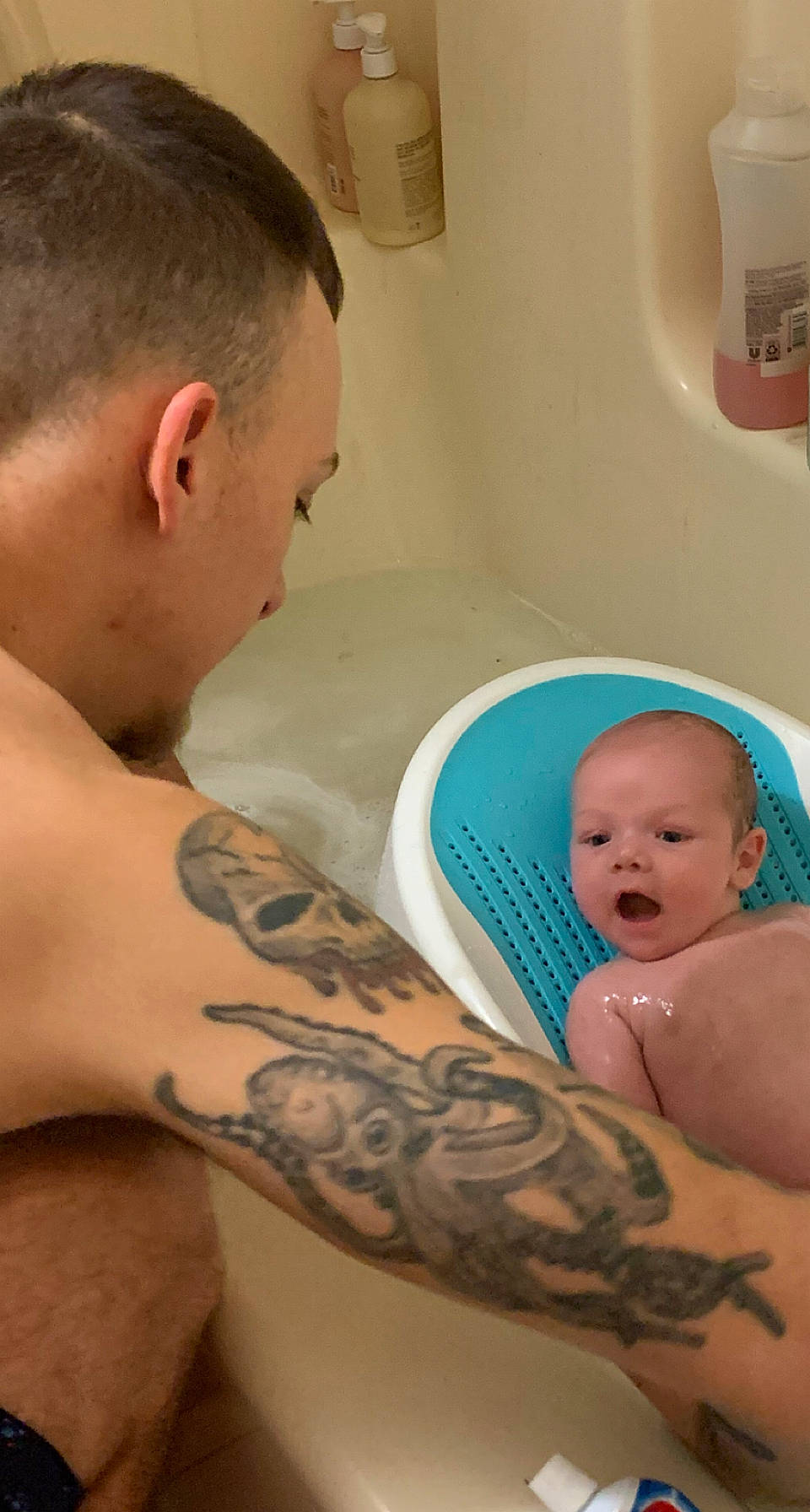 Braxton joined the competition — help win amazing prizes! art, baby, barechested, bathing, bathroom, bathtub, chest, comfort, elbow, human_leg, joint, muscle, organ, pattern, person, photograph, plumbing_fixture, tattoo, temporary_tattoo, trunk