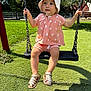 toddler, child, swing, hat, outdoor, grass, playground, sunlight, summer, pink_clothing, sandals, trees, chains, expression, cute, baby, nature, fun, daylight, park