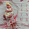 baby, infant, headband, yellow_bow, colorful_outfit, floral_blanket, numbers, months, milestone, cute, lying_down, pink, white, skin, child, portrait, celebration, soft_texture, clothing, expression
