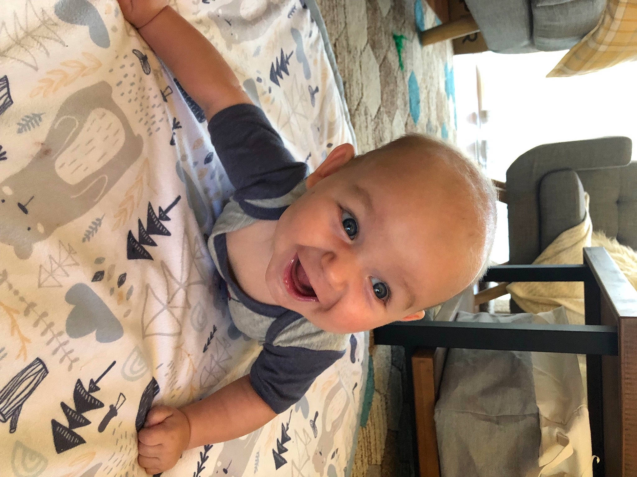 Rhett joined the competition — help win amazing prizes! baby, baby_products, baby_toddler_clothing, cheek, child, chin, forehead, fun, happy, leisure, mammal, person, product, room, sitting, skin, sleeve, smile, t_shirt, toddler