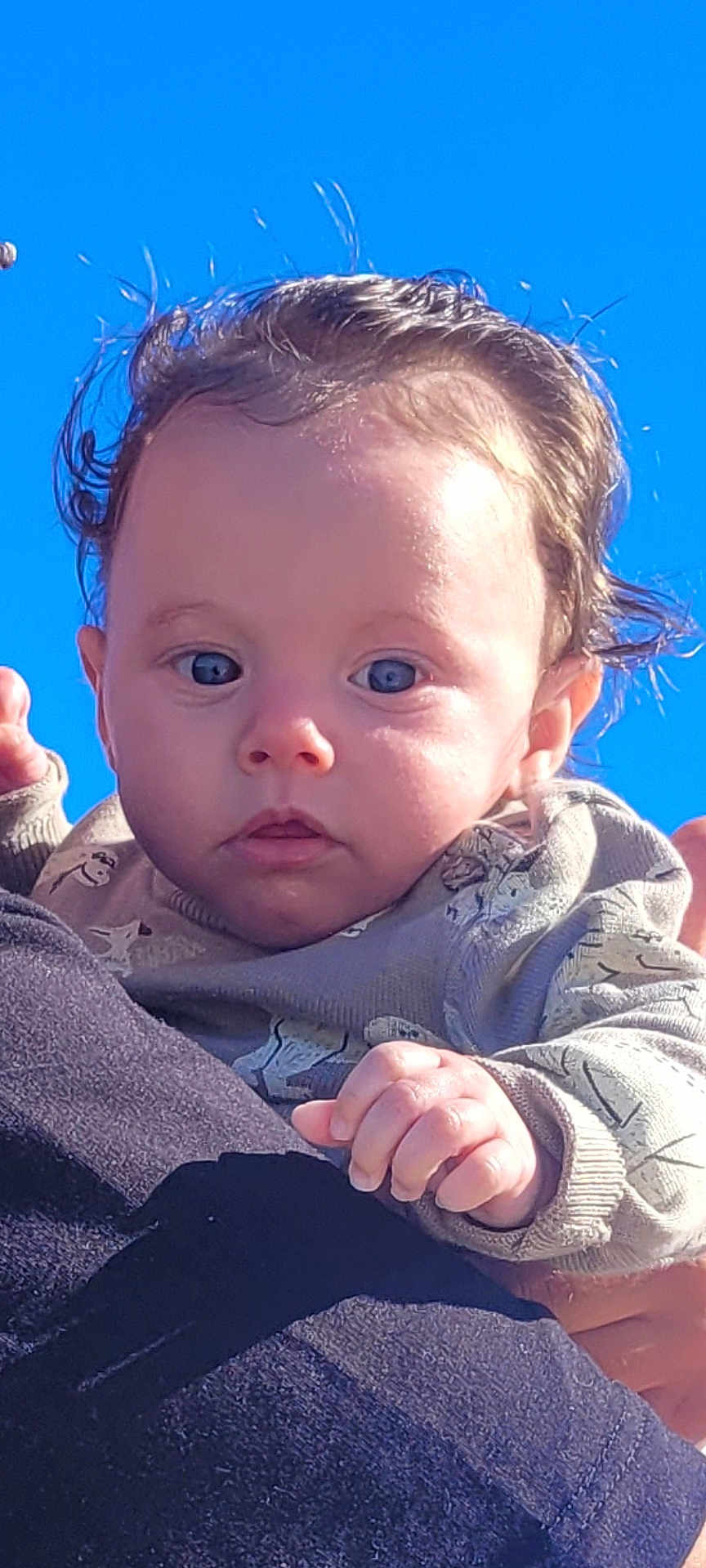 Lahzar a rejoint le concours — aidez-le/la à gagner de superbes lots ! baby, infant, child, face, eyes, blue_sky, outdoor, portrait, hand, hair, sweater, clothing, person, cheeks, skin, gaze, sunlight, holding, curly_hair, expression