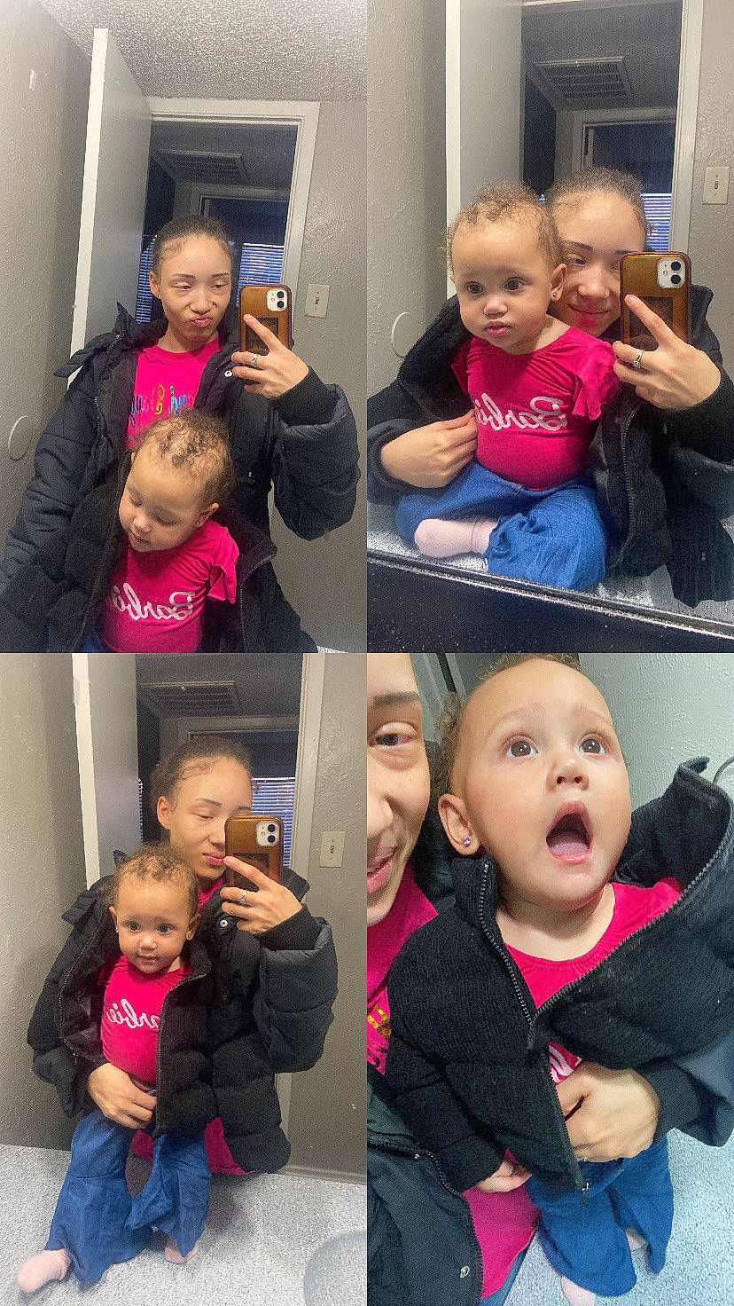 Alaina is registered to the contest to win money with this photo: arm, baby, black, blue, cheek, clothing, face, facial_expression, happy, head, human, jeans, joy, mouth, organ, outerwear, person, photograph, product, skin