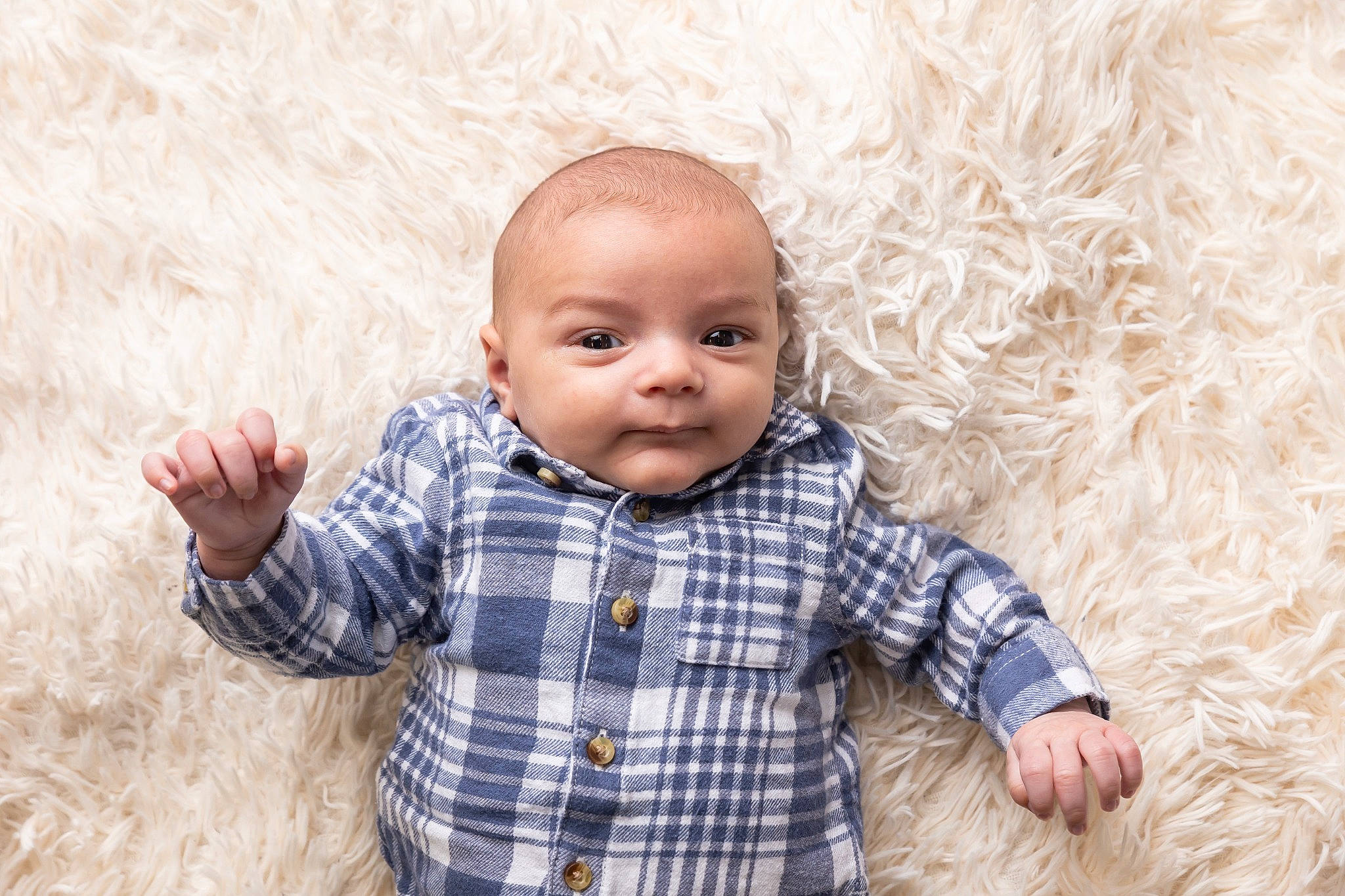 Elliot joined the competition — help win amazing prizes! baby, baby_toddler_clothing, cheek, eye, fur, grass, happy, head, iris, nose, people_in_nature, person, plaid, skin, sleeve, tartan, textile, toddler, toy, wood