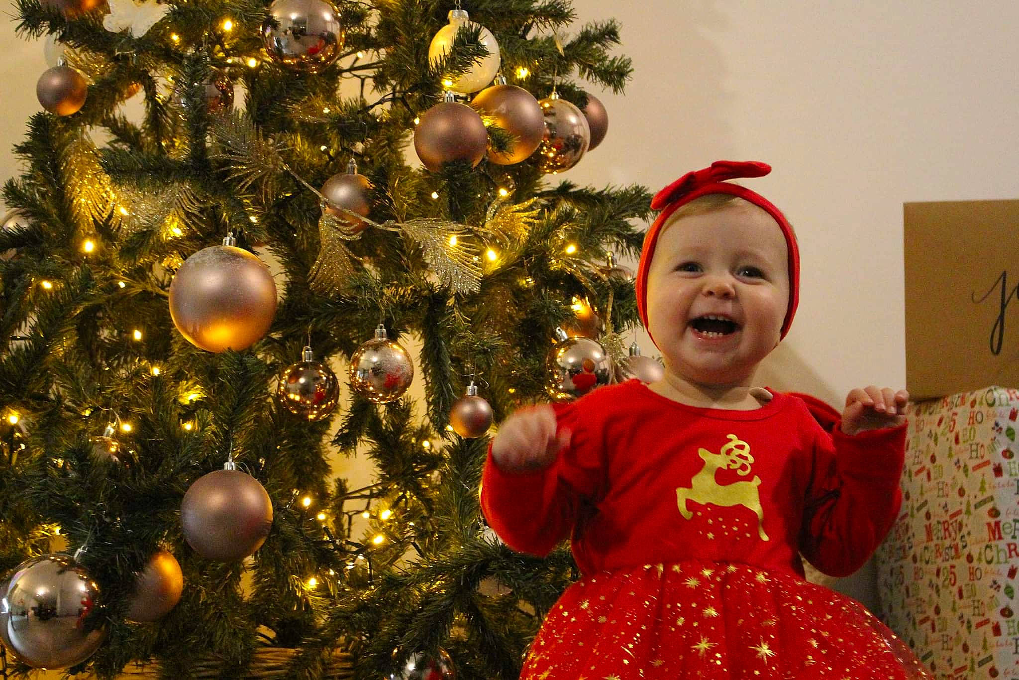 Lara participe au concours pour gagner de l'argent avec cette photo : baby, baby_toddler_clothing, beauty, christmas, christmas_decoration, christmas_ornament, christmas_tree, event, evergreen, facial_expression, happy, holiday, holiday_ornament, human_body, leaf, ornament, people_in_nature, person, plant, smile