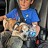 Kimber joined the competition — help win amazing prizes! boy, child, dog, pet, car_seat, seatbelt, water_bottle, blue_shirt, curly_hair, camo_pants, sleeping_dog, window, suburban, daylight, interior, black_leather_seat, resting, casual_clothing, travel, comfortable