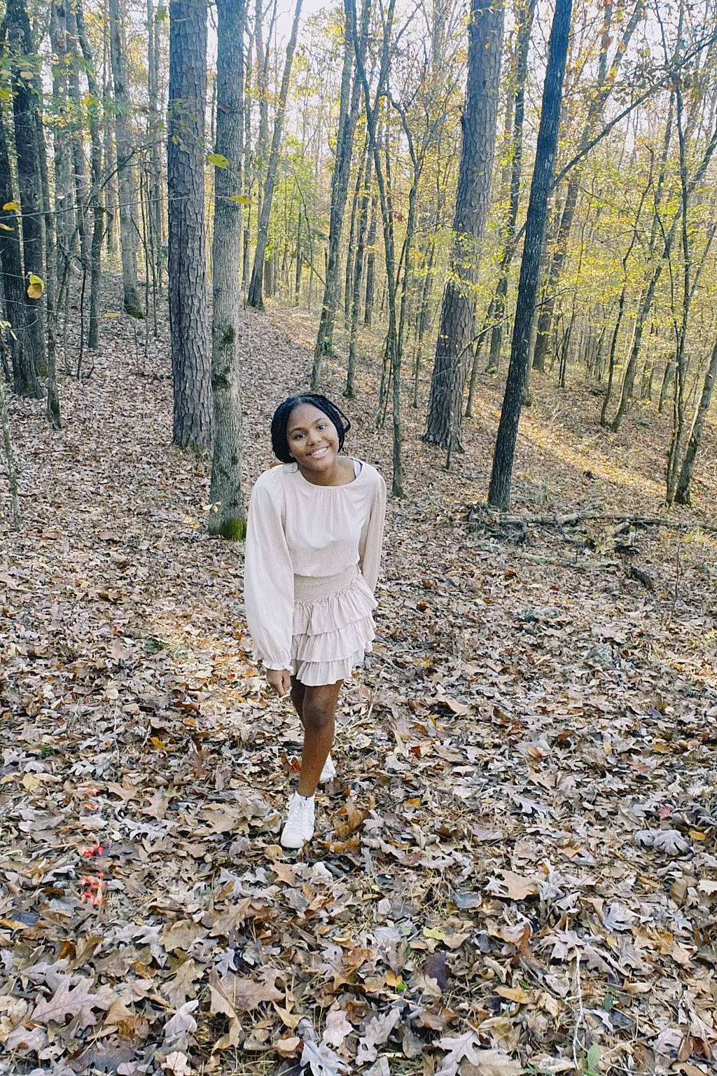 Aamani is registered to the contest to win money with this photo: branch, deciduous, forest, grass, grove, joy, landscape, leisure, natural_landscape, people_in_nature, person, plant, recreation, temperate_broadleaf_and_mixed_forest, trail, tree, trunk, twig, walking, winter