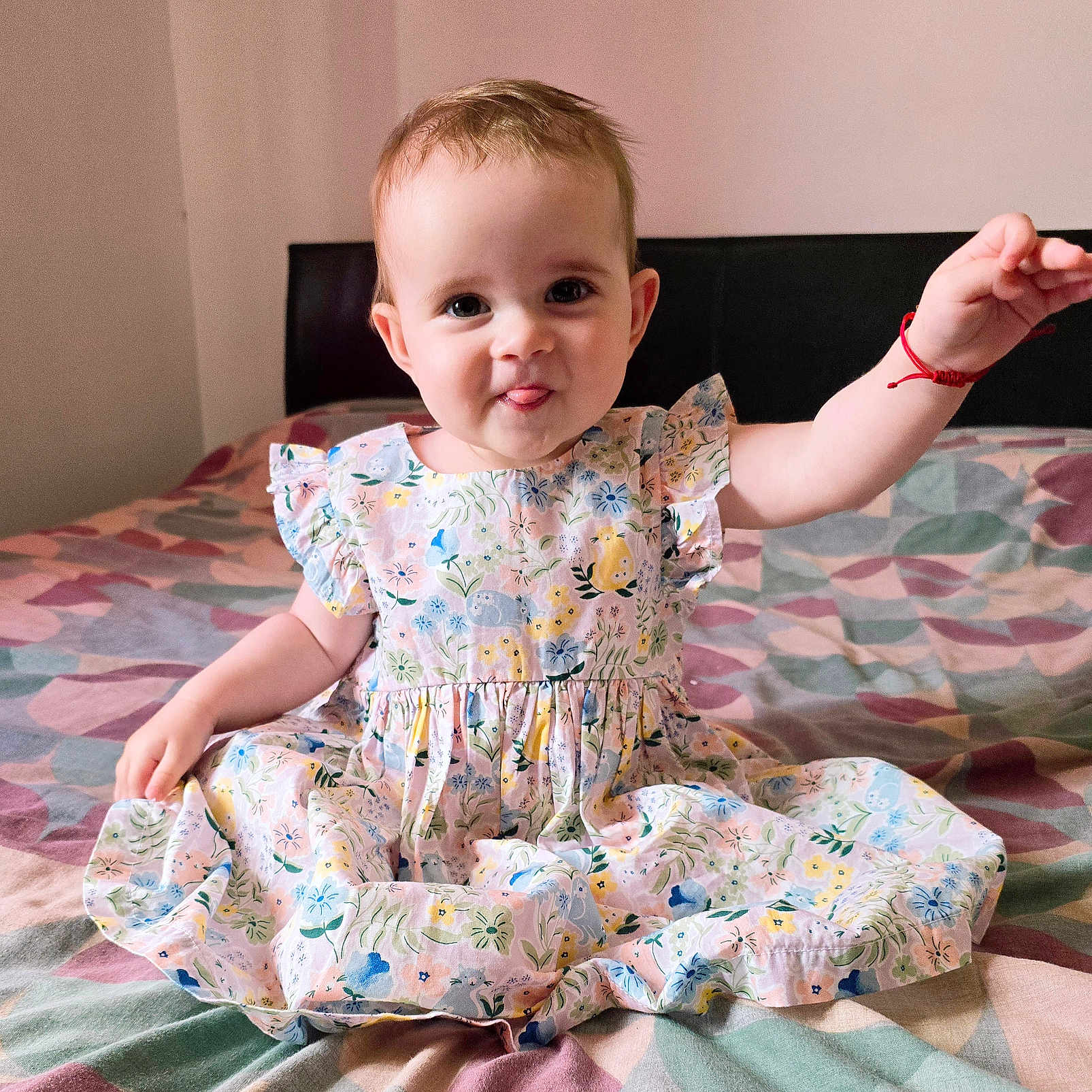 Olivia joined the competition — help win amazing prizes! accessories, baby, bed, bedroom, bodypart, bracelet, clothing, dress, face, finger, furniture, hand, happy, head, jewelry, person, photography, portrait, sitting, smile