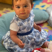 Kamélia a rejoint le concours — aidez-le/la à gagner de superbes lots ! toddler, child, baby, dress, blue_flower_pattern, toy, plush_toy, play_mat, indoor, sitting, cute, curious, person, young_child, soft_toy, colorful, floor, cushion, short_hair, portrait