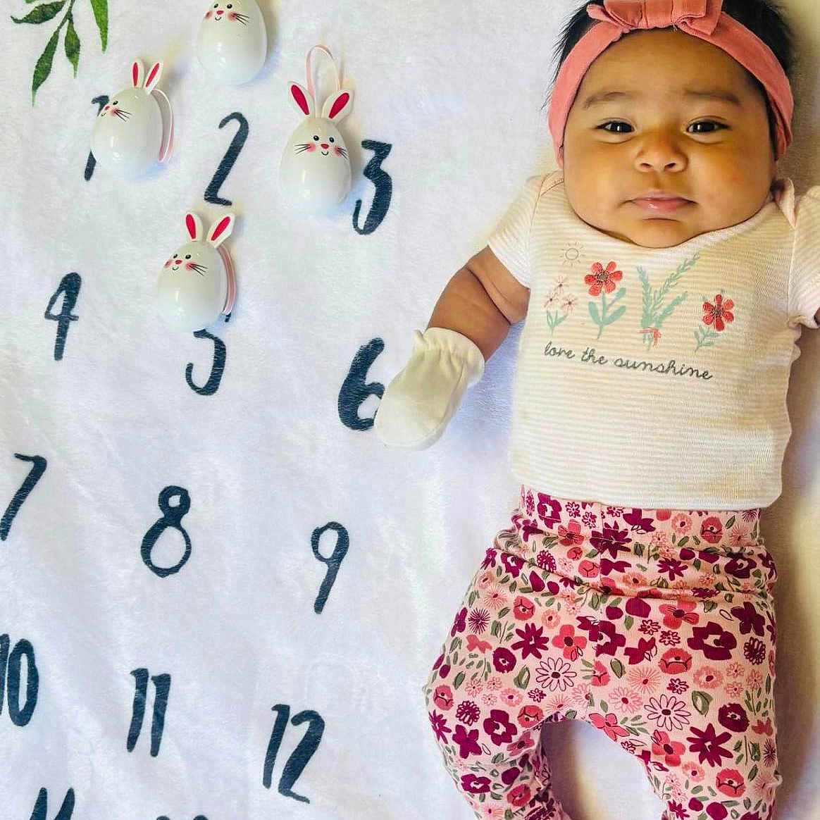 Sylvia is registered to the contest to win money with this photo: baby, baby_girl, baby_shoes, bunny_decorations, celebration, child, cute, floral_pattern, headband, indoors, infant, lying_down, milestone_blanket, mittens, months, numbers, pink_clothing, portrait, smiling, soft_blanket