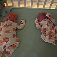 Jaxxon joined the competition — help win amazing prizes! newborn, baby, twin_babies, sleeping, crib, nursery, pajamas, pumpkin_pattern, orange, stuffed_animal, dinosaur_toy, blanket, mattress, crib_rail, indoor, infant, resting, portrait, siblings, cozy