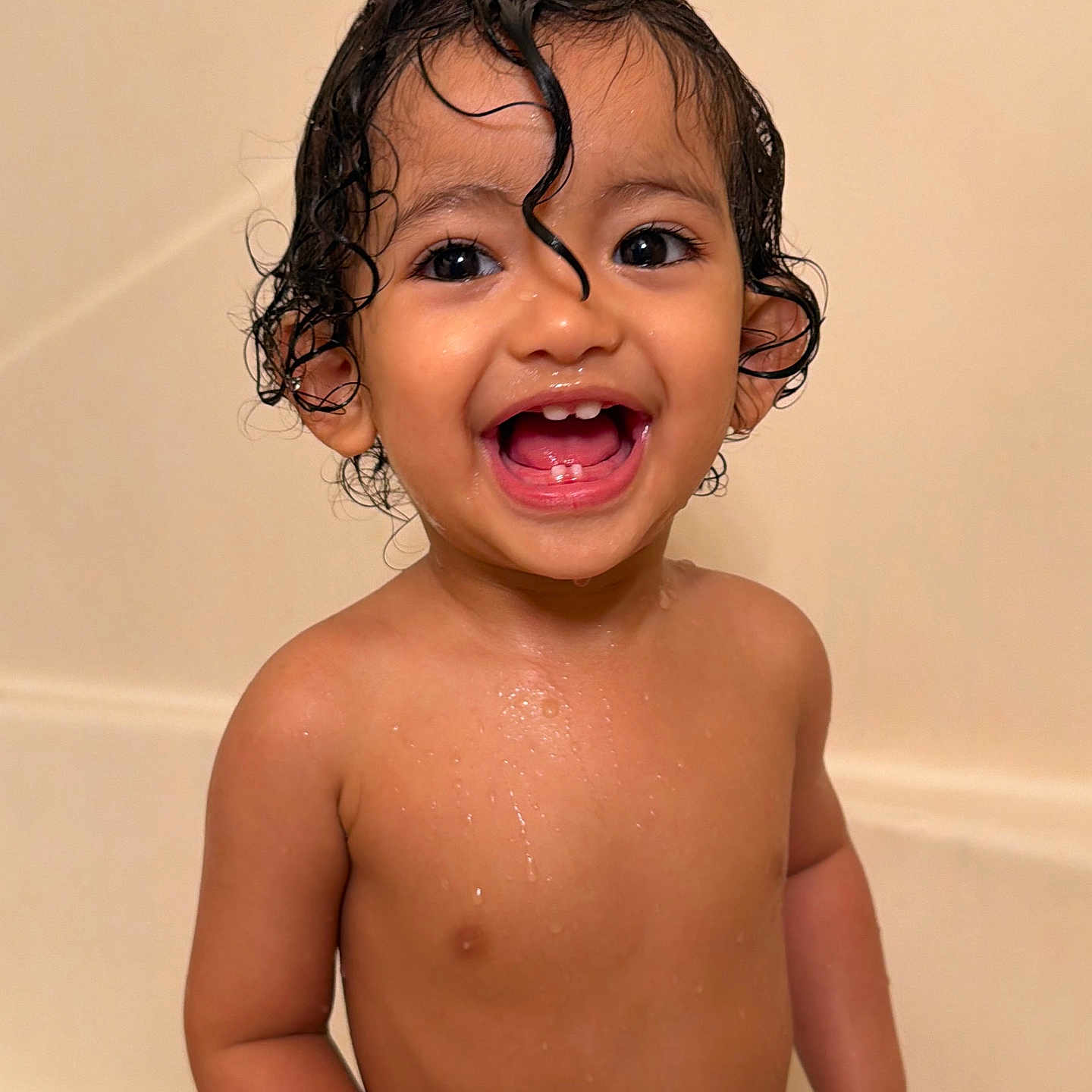 Dawud joined the competition — help win amazing prizes! bare_chest, bathroom, bathtub, child, closeup, curly_hair, cute, expressive_face, happy, human, indoors, joyful, person, portrait, skin, smiling, toddler, water_droplets, wet_hair, young_child