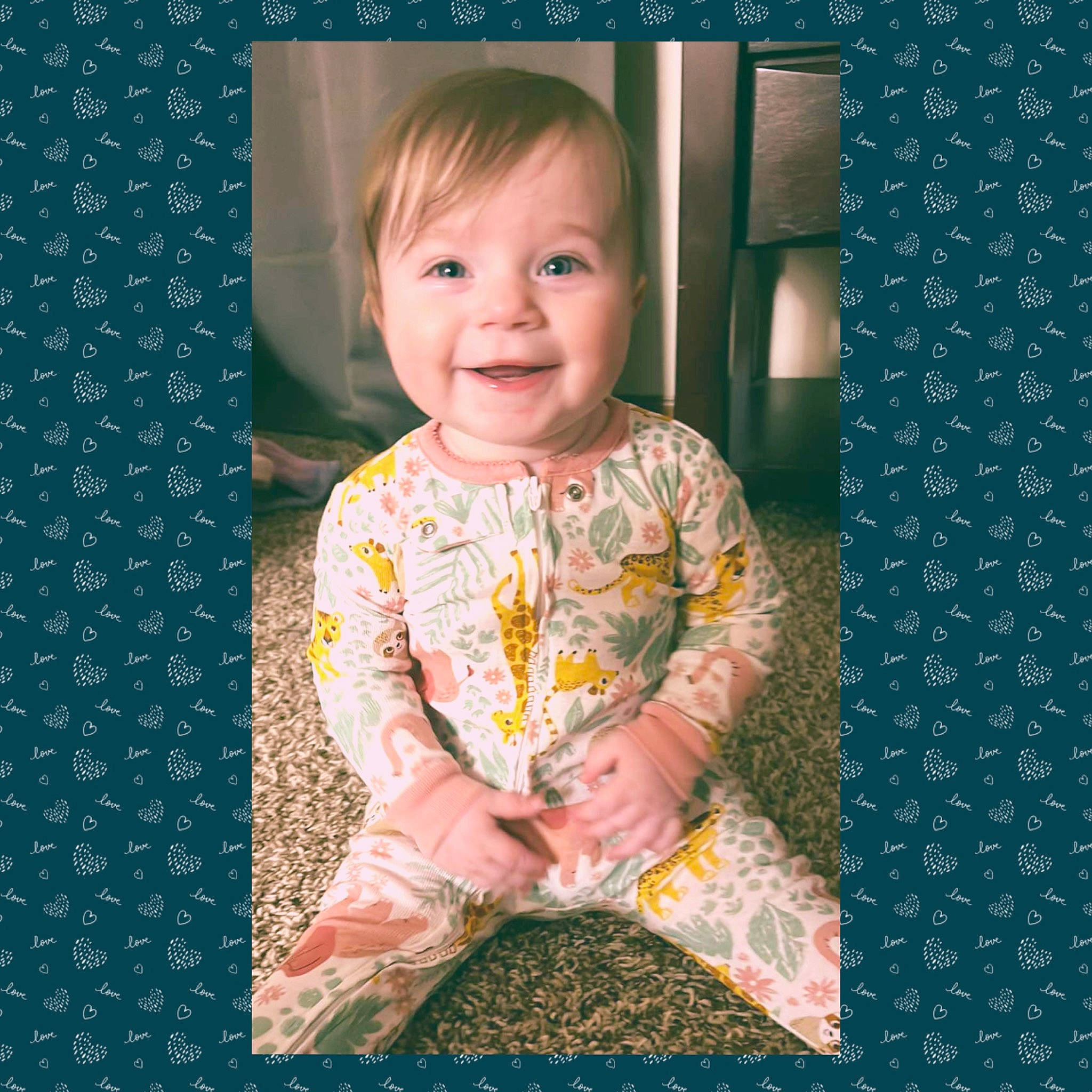 Kora is registered to the contest to win money with this photo: baby, baby_toddler_clothing, beauty, child, face, happy, joy, linens, magenta, pattern, peach, person, photograph, picture_frame, pink, rectangle, room, sleeve, smile, t_shirt