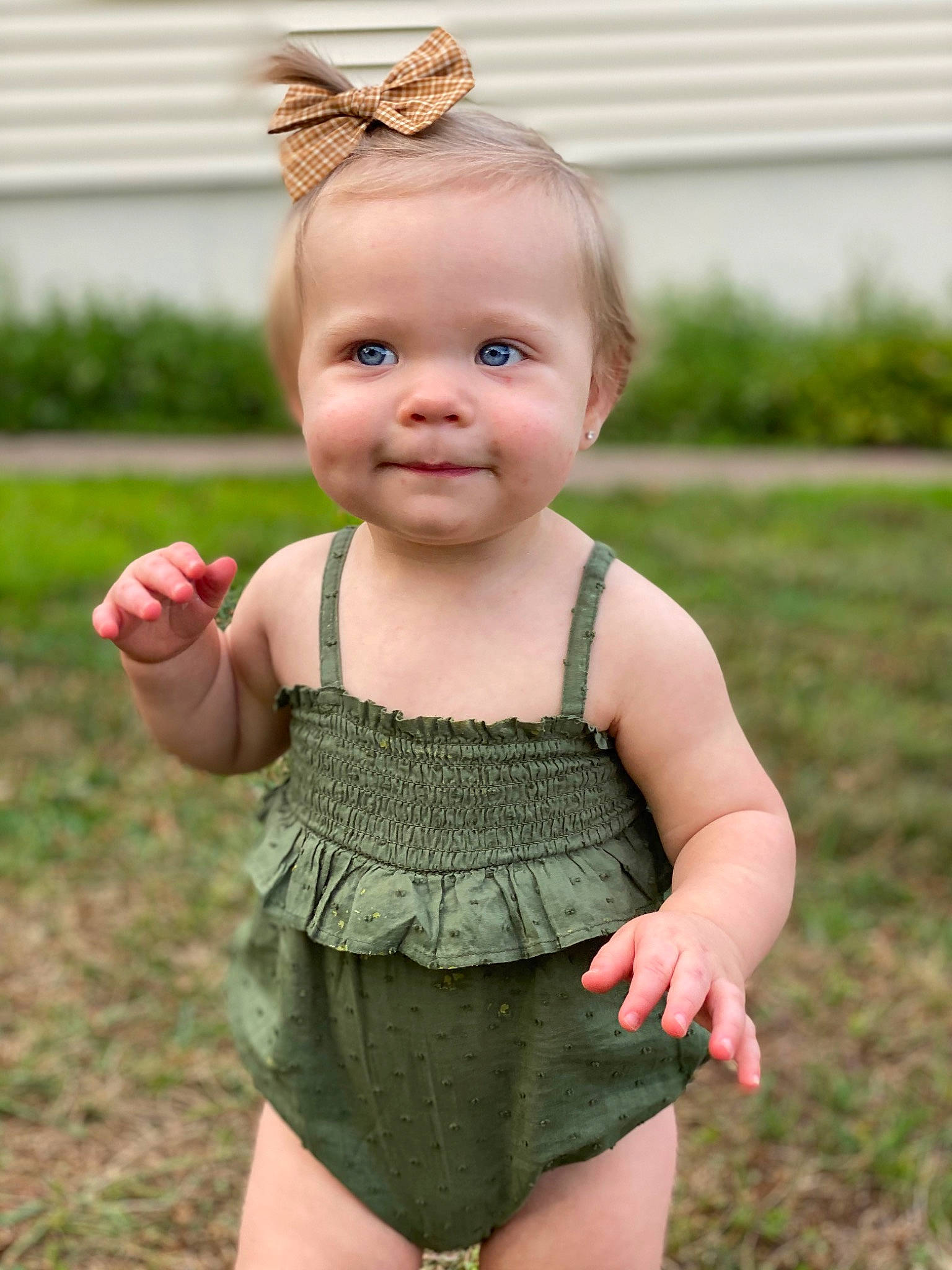 Everly Grace joined the competition — help win amazing prizes! arm, baby, baby_toddler_clothing, blond, child, child_model, design, dress, finger, grass, green, hand, joy, pattern, person, photography, shorts, skin, smile, summer