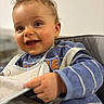 Julianno participe au concours pour gagner de l'argent avec cette photo : baby, bib, blue_striped_shirt, cheek, child, close_up, curly_hair, eyes, face, feeding, hand, happy, highchair, indoor, portrait, seat, skin, smiling, teeth, toddler