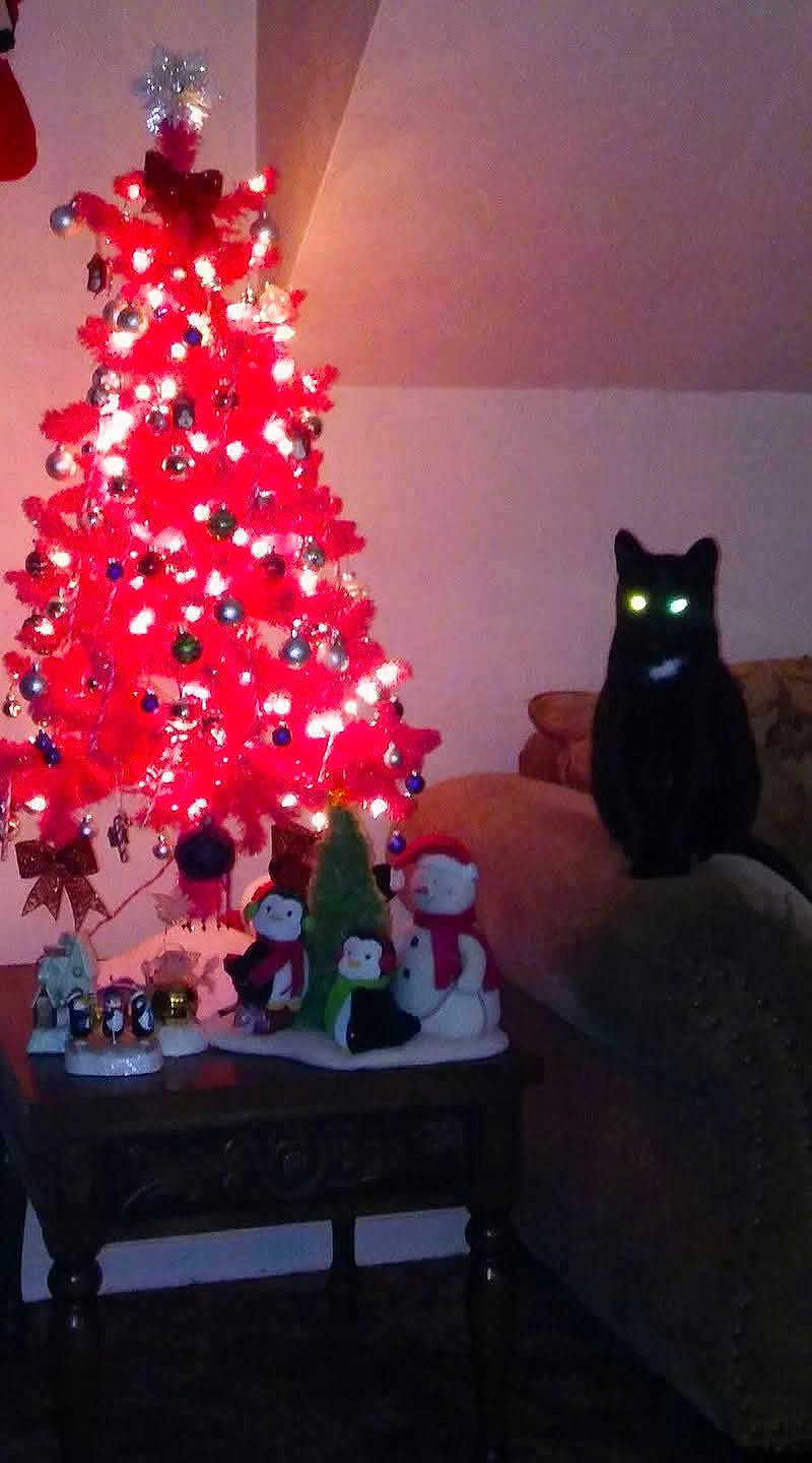 Pedro is registered to the contest to win money with this photo: black_cat, christmas_tree, red_tree, ornaments, lights, couch, table, penguin_decorations, snowman_decorations, holiday_decor, indoor, festive, glowing_eyes, dark, shadow, wooden_table, living_room, holiday_season, decorations, pets