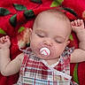 Kiriana joined the competition — help win amazing prizes! baby, sleeping, pacifier, plaid_dress, red_blanket, floral_pattern, infant, peaceful, cute, relaxed, child, face, closed_eyes, arm_raised, soft_texture, indoors, portrait, young_child, head, skin