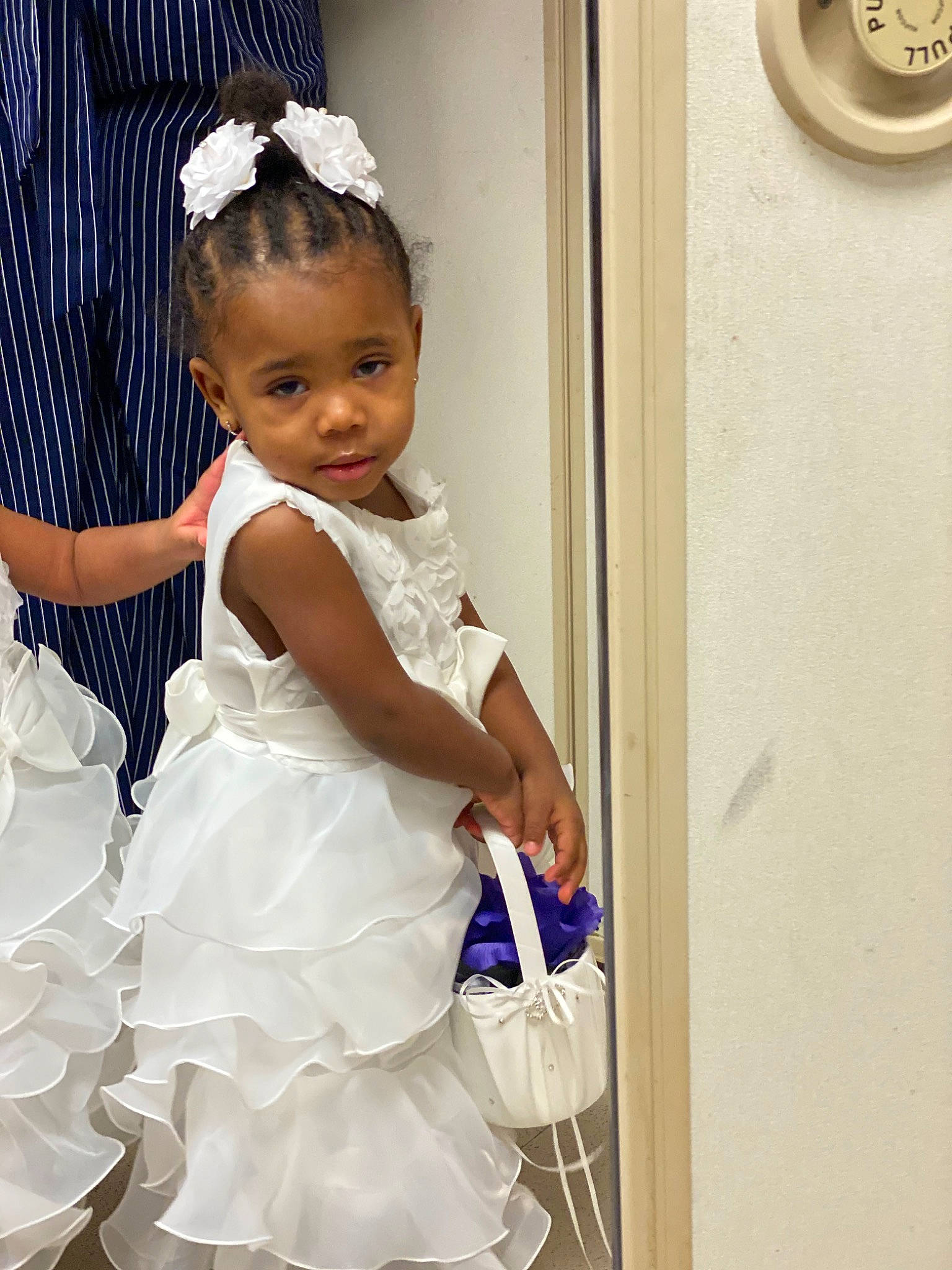 Miya is registered to the contest to win money with this photo: baby_toddler_clothing, bridal_party_dress, ceremony, child, costume, dress, flower_girl, hair_accessory, person, smile, toddler, white