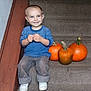 autumn, blue_sweater, carpet, casual_clothing, child, cute, happy, home, indoor, orange, playful, portrait, pumpkin, seasonal, sitting, smiling, stairs, toddler, white_shoes, young_child