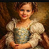Charlee joined the competition — help win amazing prizes! child, girl, portrait, costume, vintage_clothing, princess_dress, lace, smile, blue_eyes, curly_hair, necklace, dress, portrait_lighting, indoor, classic_style, young_child, posing, elegant, happy, detailed_clothing