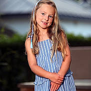 Lilly joined the competition — help win amazing prizes! child, girl, blonde_hair, blue_dress, striped_dress, smile, outdoor, portrait, young, happy, posing, long_hair, headband, fashion, summer, cute, person, natural_light, casual, background_blur