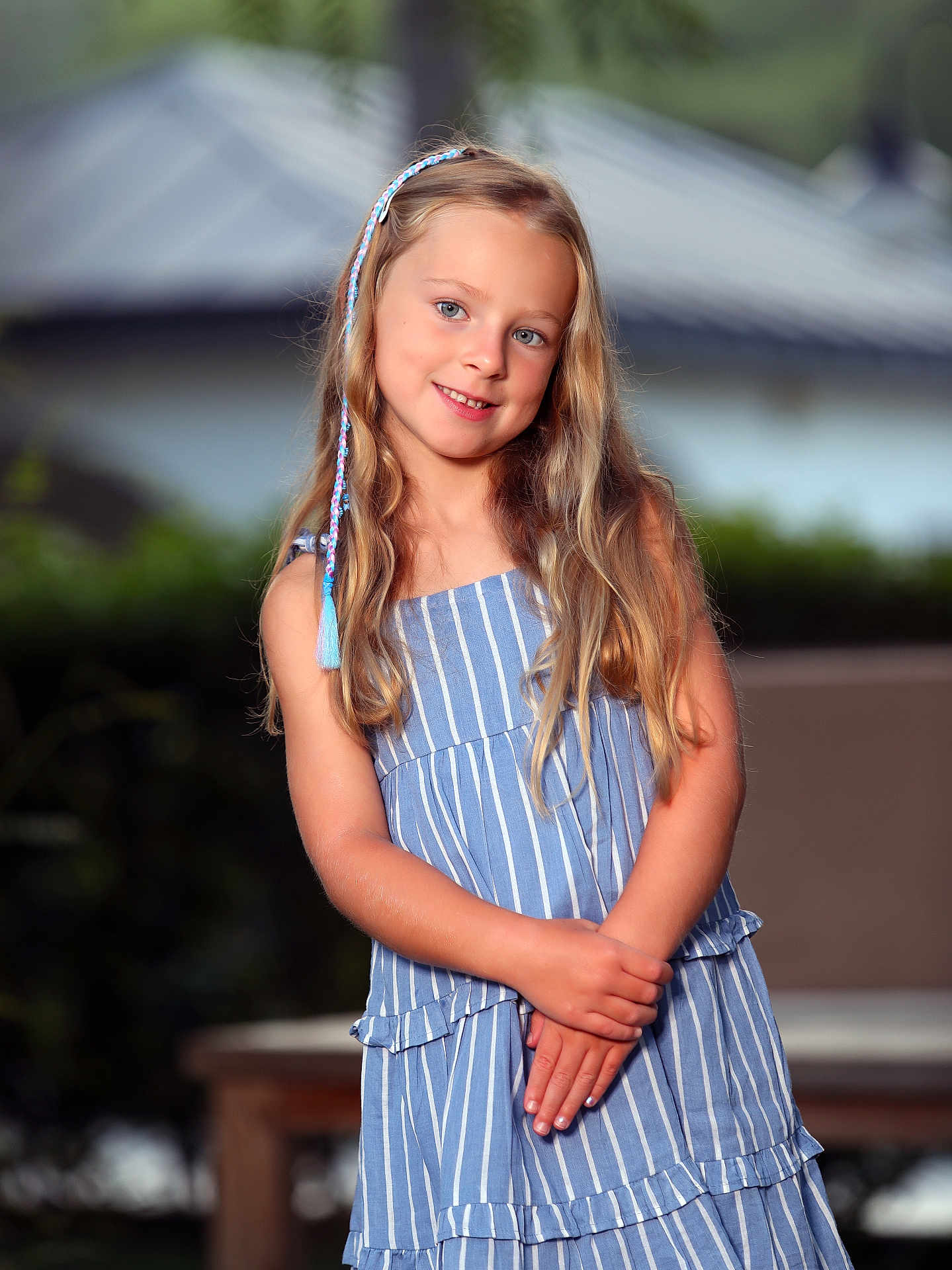 Lilly joined the competition — help win amazing prizes! child, girl, blonde_hair, blue_dress, striped_dress, smile, outdoor, portrait, young, happy, posing, long_hair, headband, fashion, summer, cute, person, natural_light, casual, background_blur