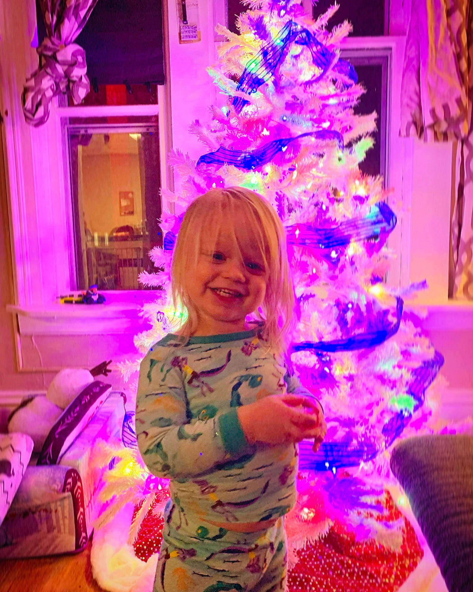 Gatsby joined the competition — help win amazing prizes! christmas_decoration, christmas_ornament, christmas_tree, decoration, evergreen, fashion, fun, happy, joy, light, lighting, magenta, ornament, person, photograph, pink, plant, purple, smile, toddler