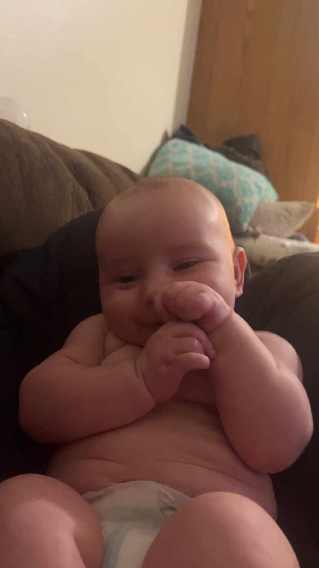 Nathan Beckett is registered to the contest to win money with this photo: baby, infant, diaper, couch, pillow, hands, smile, skin, chubby, sitting, indoor, cute, plump, face, head, arm, leg, relaxed, comfort, cozy