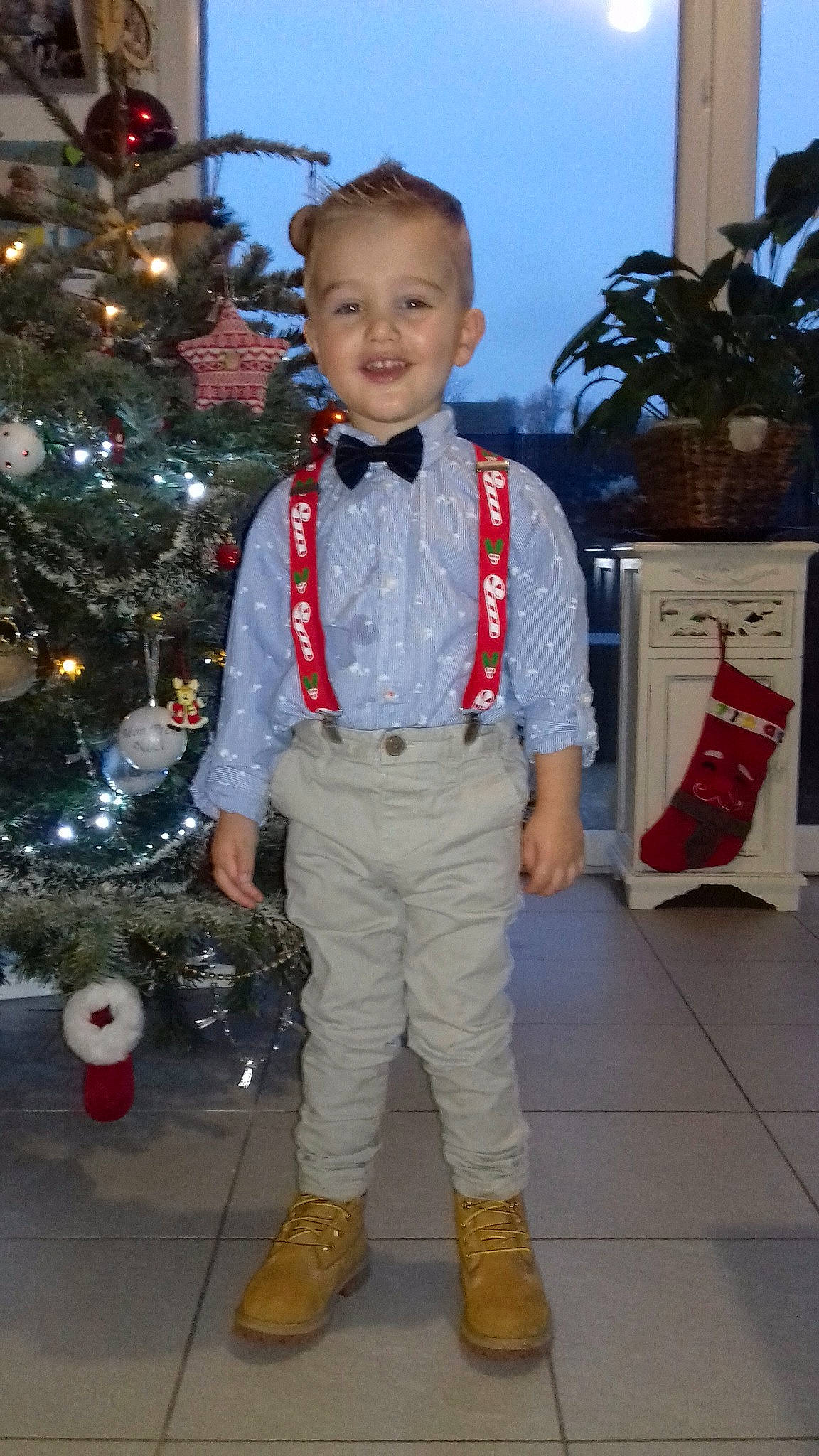 Lewis participe au concours pour gagner de l'argent avec cette photo : child, christmas_tree, dress_shirt, electric_blue, event, flowerpot, formal_wear, fun, happy, holiday, houseplant, joy, ornament, person, plant, smile, standing, tie, toddler, tradition