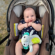 Damon Jiménez Romeu joined the competition — help win amazing prizes! baby, infant, car_seat, plush_toy, elephant, pacifier, clothing, bracelet, cute, smiling, chubby_cheeks, outdoor, star_pattern, comfort, child, person, seat_belt, toy, happy, portrait