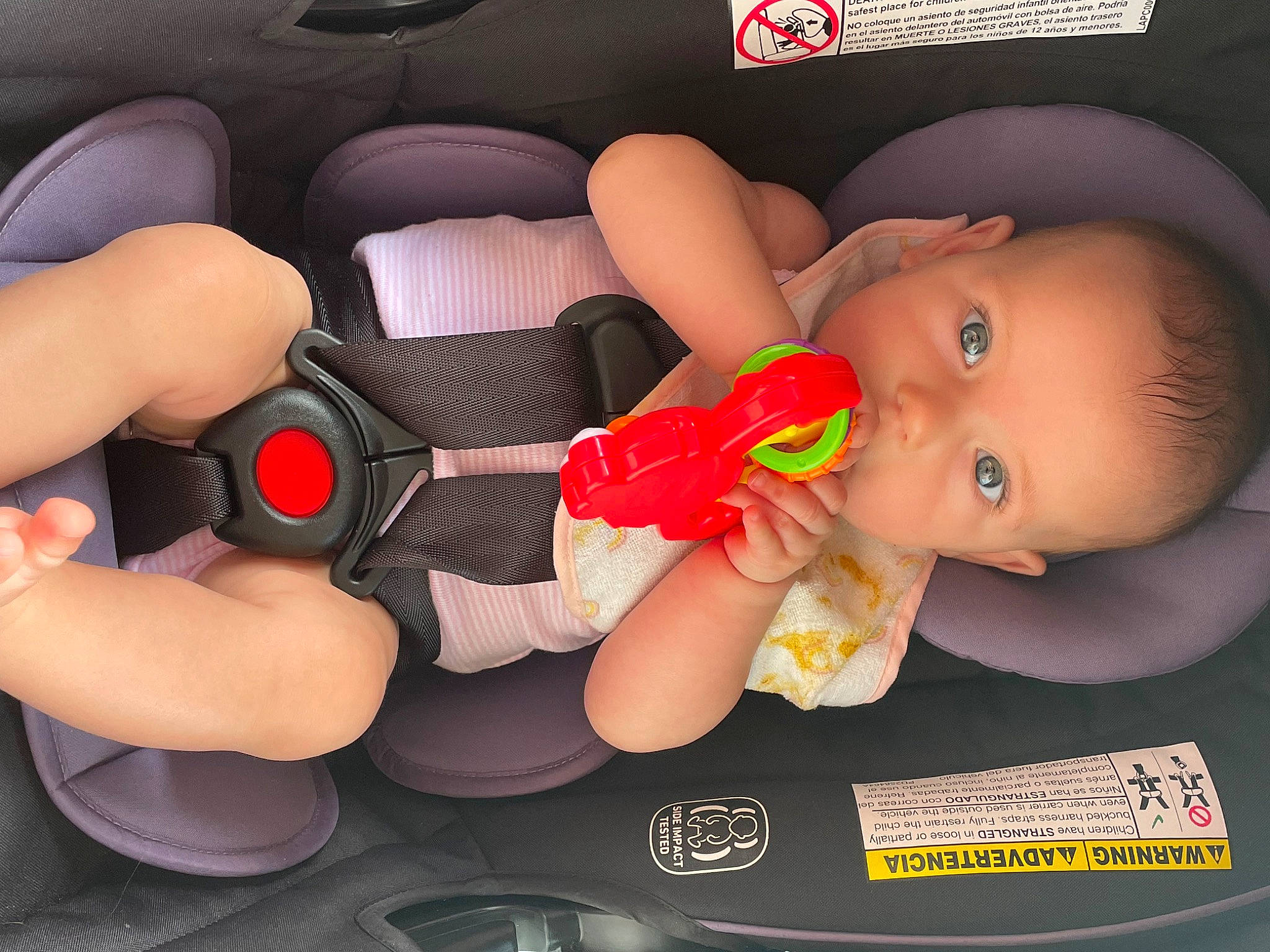 Andrea is registered to the contest to win money with this photo: automotive_design, baby, baby_carriage, baby_products, car_seat, child, comfort, finger, fun, human_body, mouth, muscle, nail, nose, orange, person, steering_wheel, thigh, toddler, toy