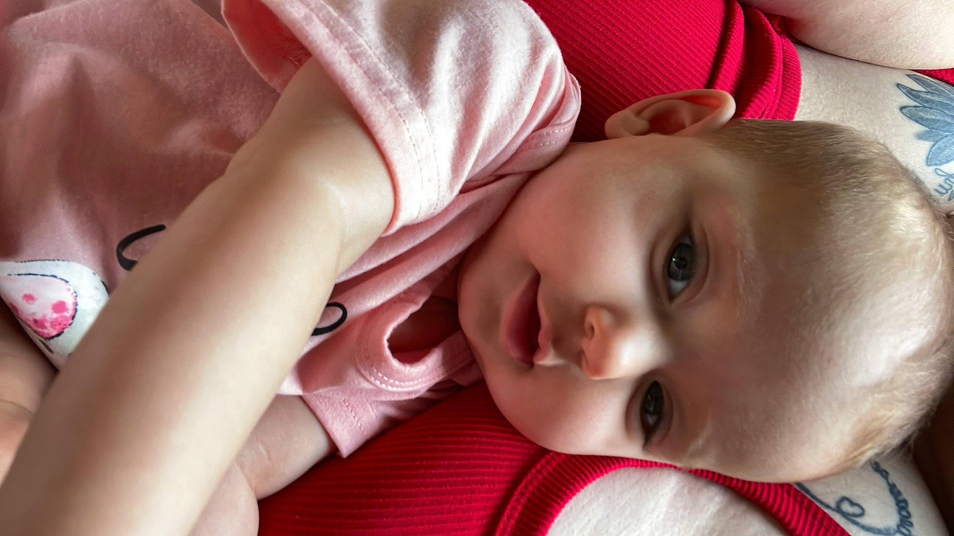 Andrea is registered to the contest to win money with this photo: arm, baby, cheek, child, comfort, ear, eyebrow, eyelash, finger, gesture, hand, happy, iris, lip, mouth, neck, nose, person, skin, smile