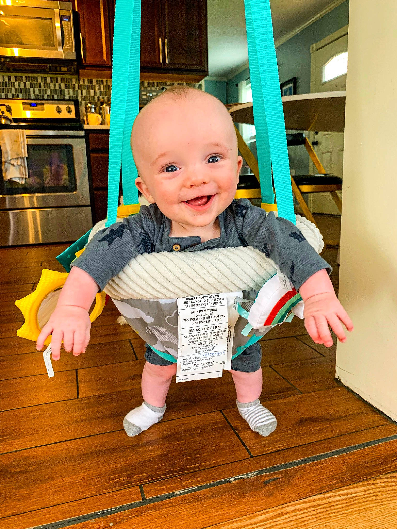 Crew joined the competition — help win amazing prizes! baby, baby_toddler_clothing, cheek, child, floor, flooring, fun, happy, hardwood, joy, person, plank, sleeve, smile, standing, t_shirt, thumb, toddler, varnish, wood