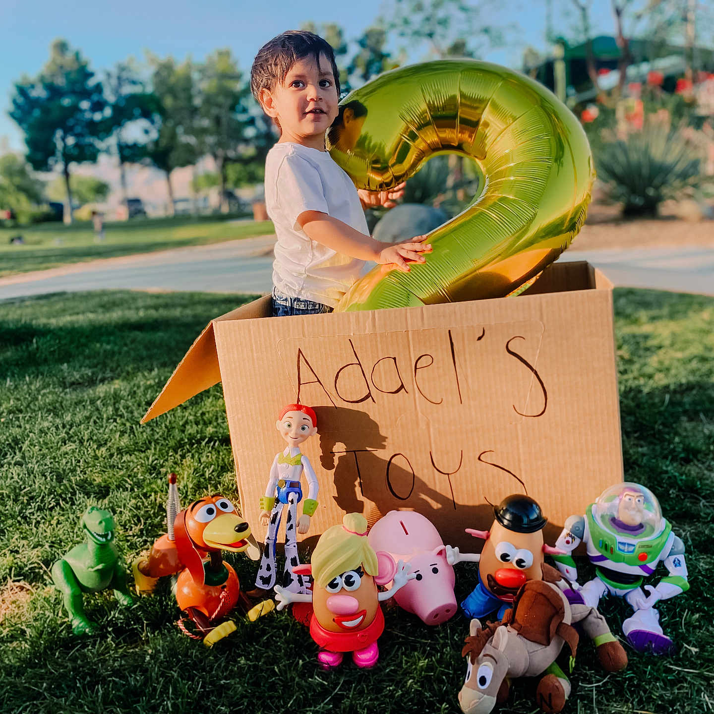 Jose Adael joined the competition — help win amazing prizes! balloon, buzz_lightyear, cardboard_box, child, daylight, grass, horse, mr_potato_head, mrs_potato_head, number_2, outdoor, park, piggy_bank, rex, slinky_dog, smiling, toddler, toy_story, toys, woody