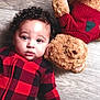 Levi is registered to the contest to win money with this photo: baby, child, teddy_bear, plush_toy, curly_hair, red_clothing, checkered_pattern, floor, wooden_floor, lying_down, cute, indoors, soft_toy, portrait, infant, young_child, friendship, comfort, cozy, expression