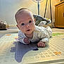 baby, infant, play_mat, lying_down, indoor, face, curious, wide_eyes, clothing, carpet, fan, lamp, furniture, cabinet, floor, person, child, expression, cute, home