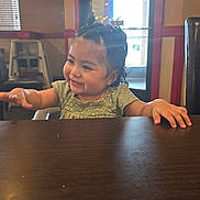 Rosa joined the competition — help win amazing prizes! braids, child, clothing, cute, cute_expression, face, furniture, hair, happy, indoor, light, person, restaurant, seat, skin, smiling, table, toddler, window, young