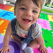 Thomas is registered to the contest to win money with this photo: alphabet, baby, bright, child, colorful_mat, crawling, cute, face, feet, hands, happy, indoor, natural_light, overalls, playtime, portrait, shirt, smiling, sock, toddler