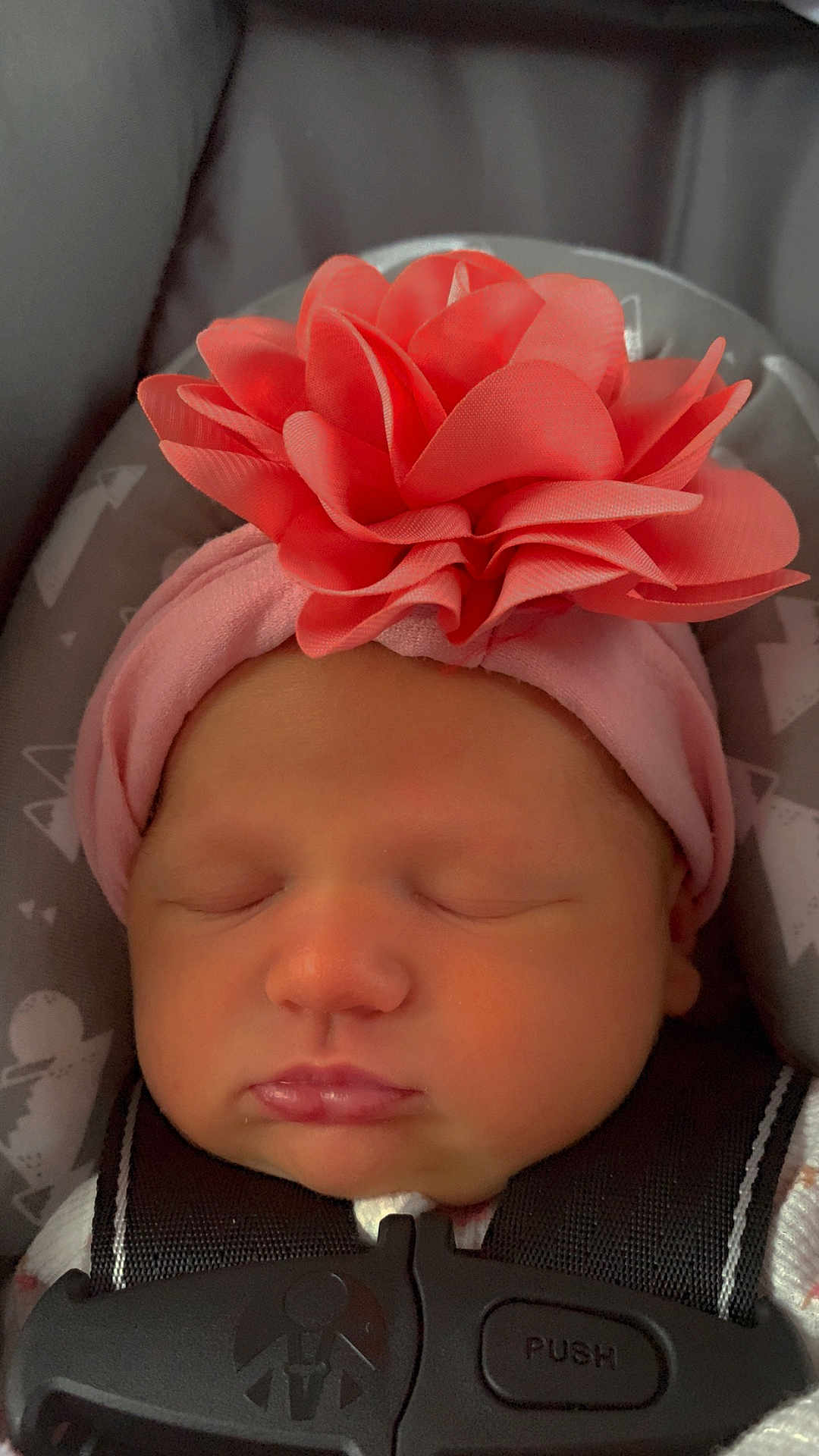 Waverly is registered to the contest to win money with this photo: baby, sleeping, headband, flower, pink, car_seat, harness, face, child, infant, cute, soft, closed_eyes, peaceful, newborn, fabric, pattern, clothing, portrait, indoor