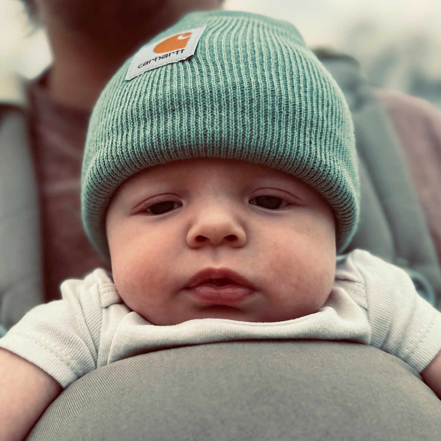 Kannan joined the competition — help win amazing prizes! baby, beanie, blurred_background, carhartt, carrier, casual, child, closeup, clothing, cute, face, hat, headwear, infant, outdoor, person, portrait, resting, soft_light, young