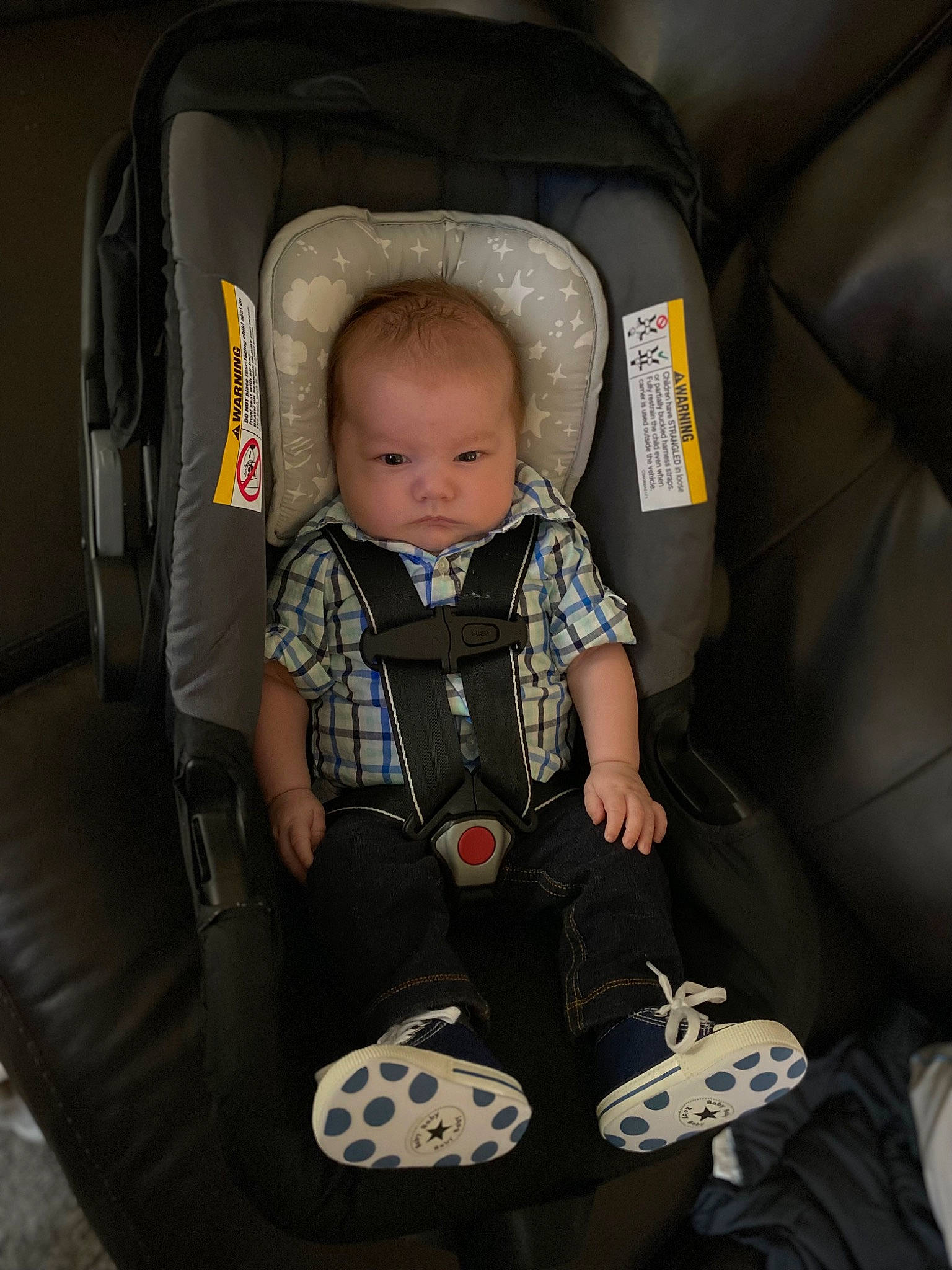 Cohen is registered to the contest to win money with this photo: auto_part, automotive_design, baby, baby_carriage, baby_products, baby_toddler_clothing, bag, car_seat, car_seat_cover, chair, child, comfort, family_car, head_restraint, motor_vehicle, person, plant, seat_belt, sitting, toddler