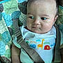 baby, child, car_seat, seat_belt, infant, clothing, patterned, animal_print, giraffe, elephant, hand, face, expression, looking_away, young, cute, indoor, closeup, sitting, safety