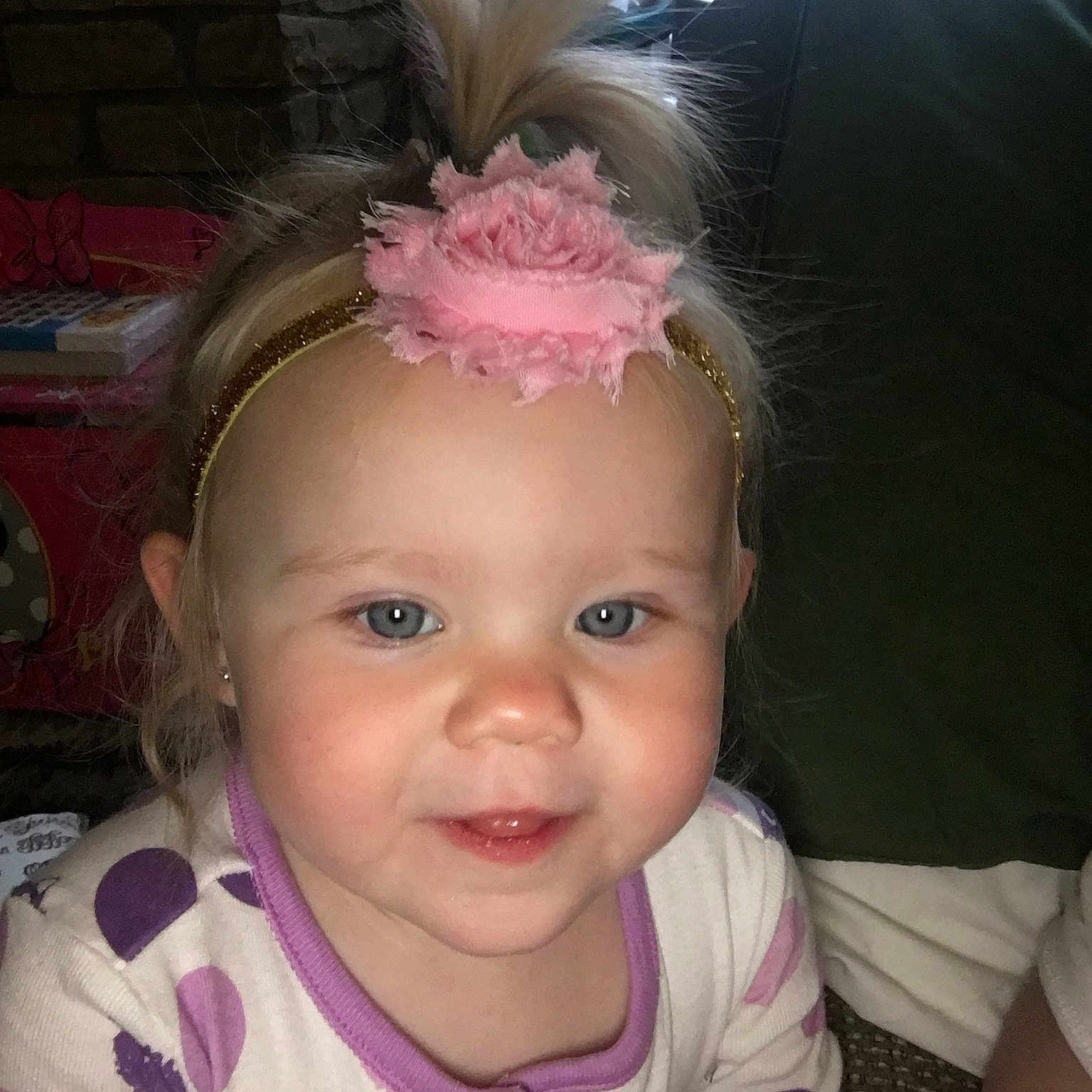 Addisen is registered to the contest to win money with this photo: baby, cheek, child, chin, ear, eye, face, forehead, hair, hair_accessory, hairstyle, head, headgear, headpiece, iris, lip, nose, person, pink, skin