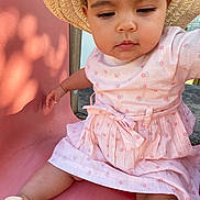 Lyna participe au concours pour gagner de l'argent avec cette photo : baby, child, curious, cute, daylight, exploration, floral_pattern, footwear, outdoor, person, pink_dress, playground, portrait, sandal, sitting, slide, straw_hat, summer, sunlight, toddler