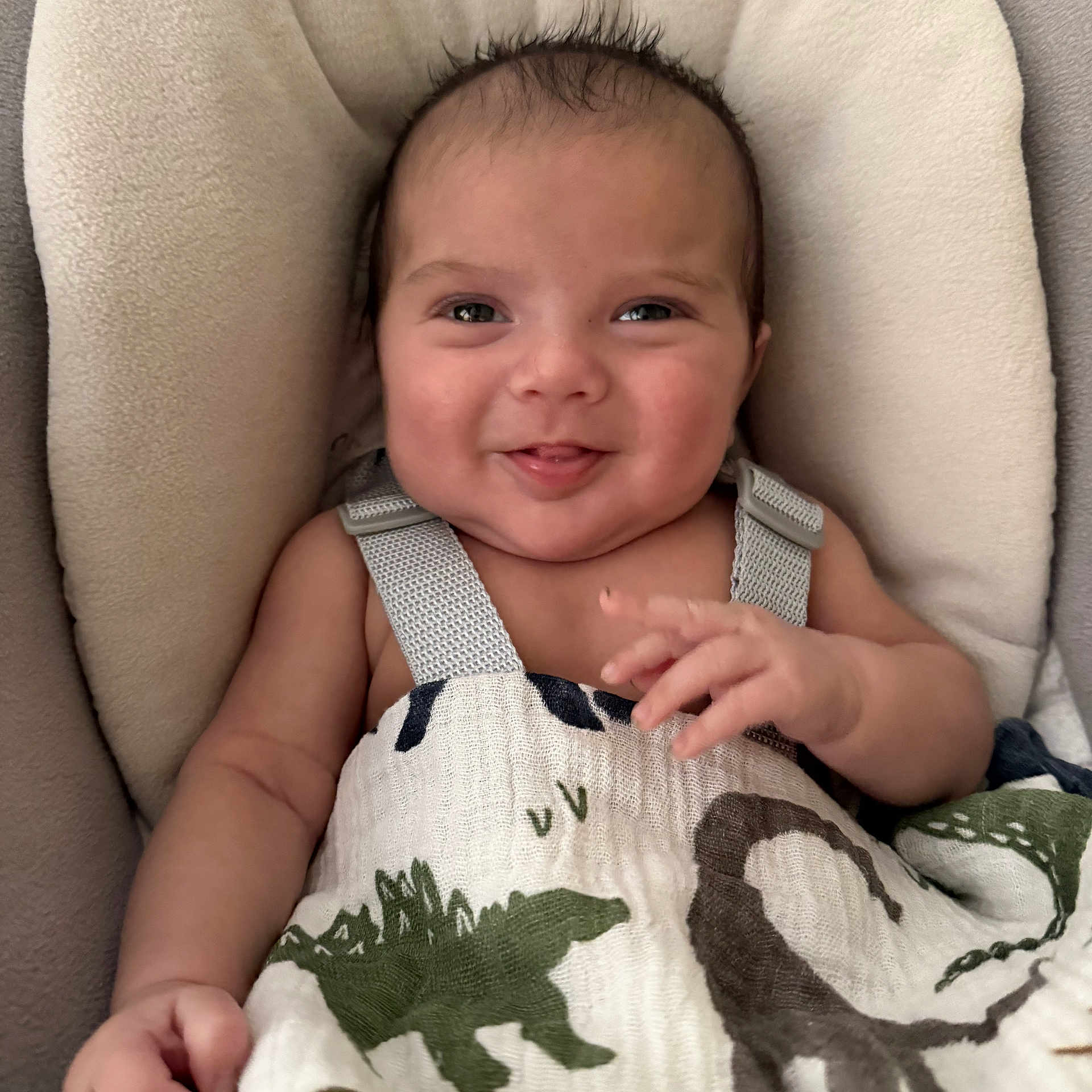 Eli is registered to the contest to win money with this photo: baby, infant, smile, face, blanket, dinosaur, cushion, seat, happy, cute, child, portrait, clothing, hand, skin, young, indoors, expression, comfort, cozy