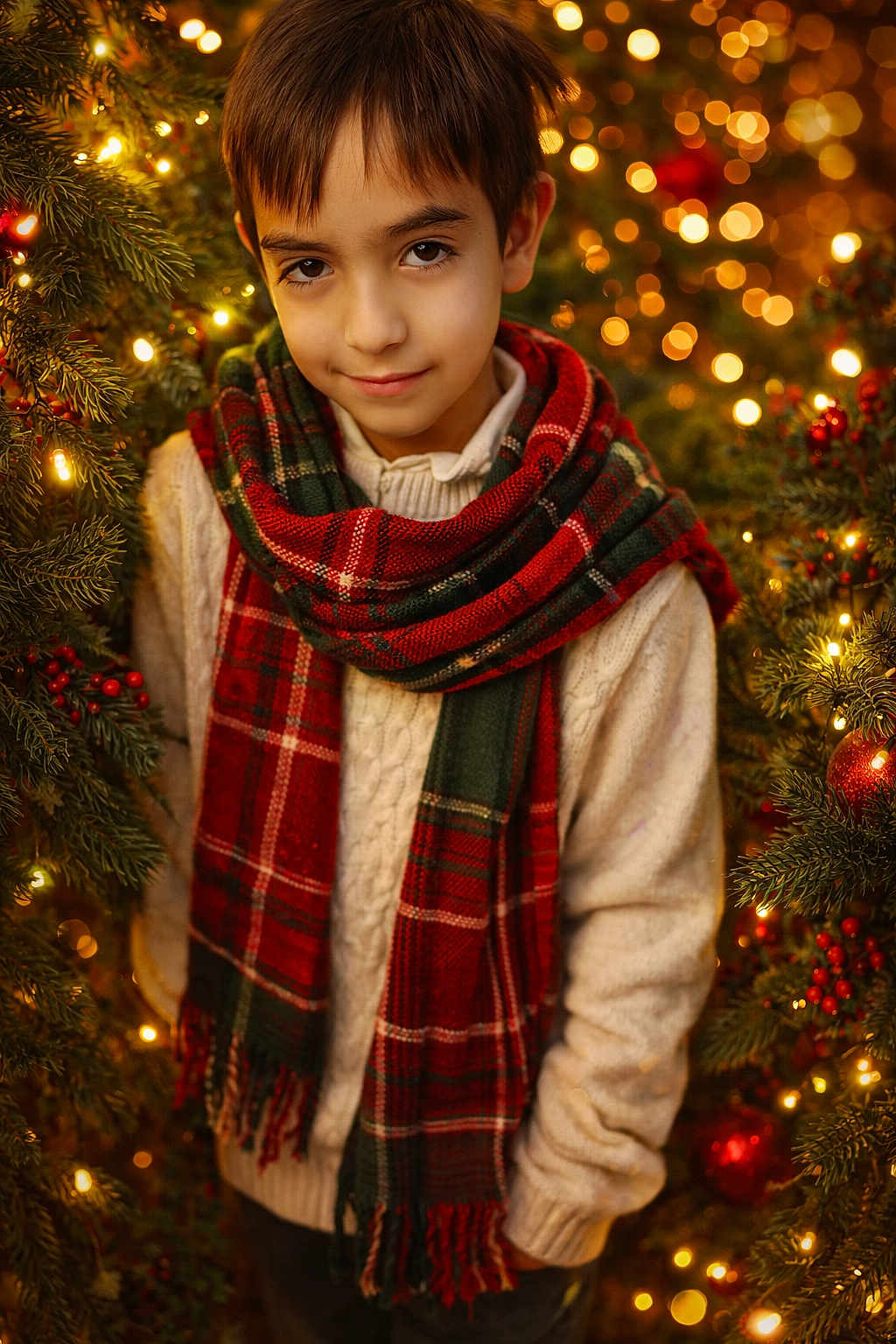 Eduardo joined the competition — help win amazing prizes! background, bokeh, boy, child, christmas, festive, green, happy, holiday, lights, ornaments, pine, portrait, red, scarf, smile, sweater, tree, warm, winter