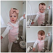 Frankie joined the competition — help win amazing prizes! toddler, child, pink_outfit, headband, bow, standing, carpet, heater, toy, indoor, white_wall, long_sleeve, cute, baby, exploring, furniture, floor, person, playful, home