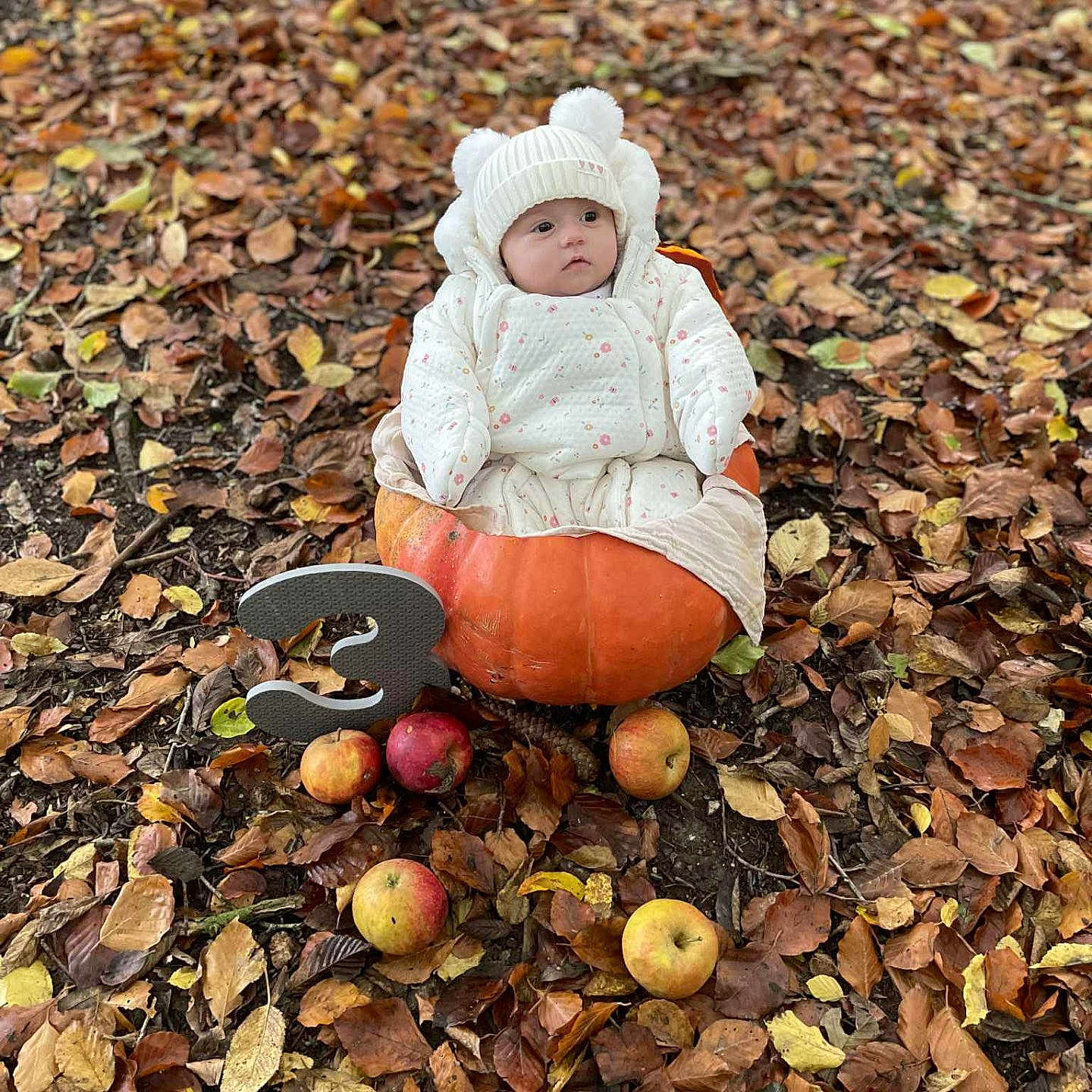 Adaline participe au concours pour gagner de l'argent avec cette photo : apples, autumn_leaves, baby, child, cozy, cute, fall, hat, holiday, leaf_litter, milestone, nature, number_three, outdoor, portrait, pumpkin, season, seasonal, sitting, white_clothing