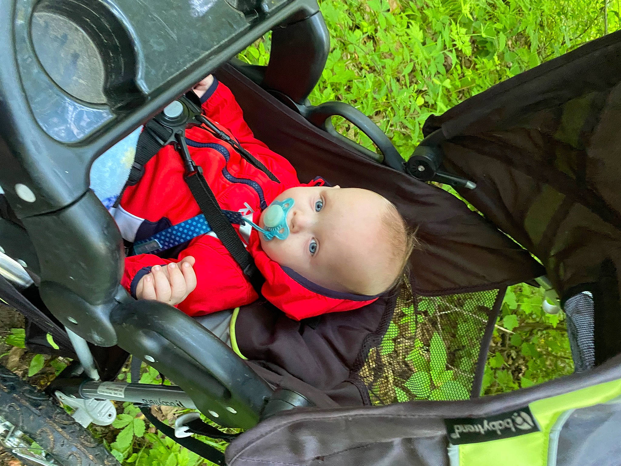 Phoenix is registered to the contest to win money with this photo: auto_part, automotive_exterior, automotive_lighting, automotive_tire, baby, baby_carriage, baby_products, grass, green, hat, helmet, motor_vehicle, person, personal_protective_equipment, plant, tire, toddler, tree, vehicle_door, wheel