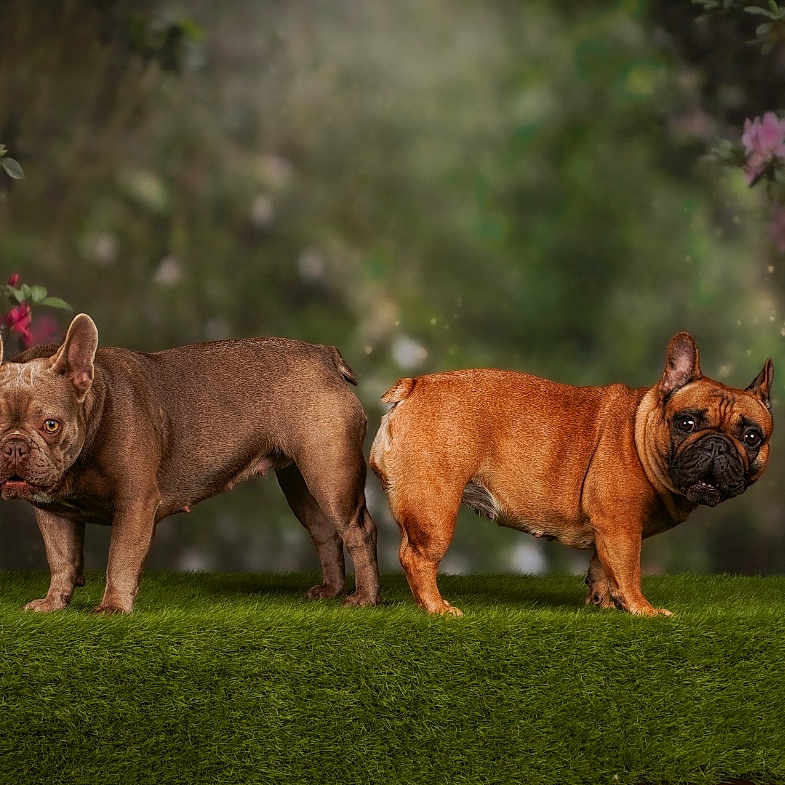 Cookie Et Abby a rejoint le concours — aidez-le/la à gagner de superbes lots ! dog, french_bulldog, two_dogs, canine, pet, animal, standing, outdoors, garden, moss, grass, flowers, greenery, portrait, brown_dog, fawn_dog, brindle_dog, nature, phone_screenshot, black_background